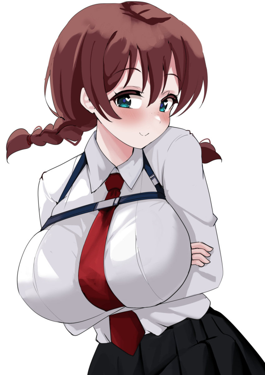 aqua_eyes arms_under_breasts black_skirt blush braid breasts brown_hair collared_shirt commentary_request crossed_arms emma_verde female freckles hair_between_eyes heart heart-shaped_pupils highres huge_breasts large_breasts long_hair long_sleeves looking_at_viewer love_live! love_live!_nijigasaki_high_school_idol_club necktie pisagi red_necktie shirt sidelocks simple_background skirt smile solo symbol-shaped_pupils twin_braids white_background white_shirt