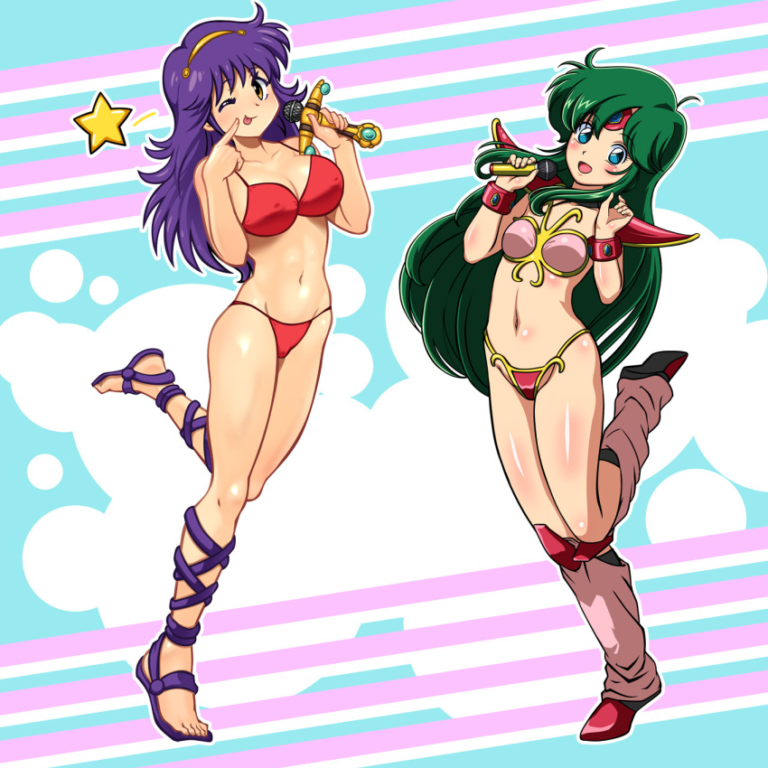 2girls armor artist_collaboration astlloto30 athena_(series) ayanokouji_rem bikini bikini_armor blue_eyes breasts brown_eyes circlet cleavage commentary_request covered_nipples dream_hunter_rem green_hair hairband highres holding holding_microphone knee_pads large_breasts long_hair loose_socks maachin microphone multiple_girls navel one_eye_closed open_mouth princess_athena purple_footwear purple_hair red_bikini sandals shiny_skin shoulder_armor small_breasts smile socks standing standing_on_one_leg star_(symbol) swimsuit tongue tongue_out very_long_hair yellow_hairband