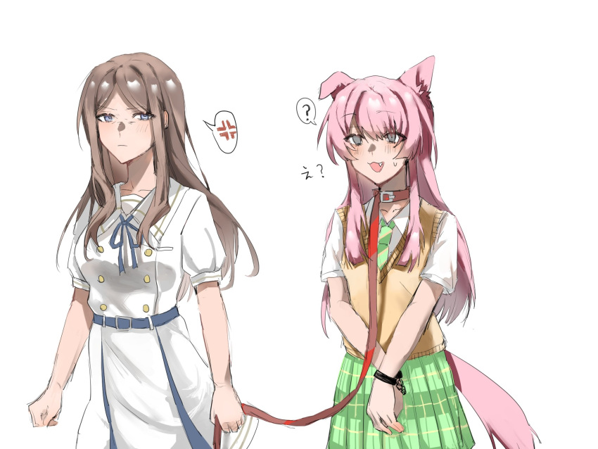 :3 ? anger_vein animal_ears bang_dream! bang_dream!_it's_mygo!!!!! blue_eyes blue_ribbon blush brown_hair brown_sweater_vest chihaya_anon collar commentary_request cuffs diagonal-striped_clothes diagonal-striped_necktie dog_ears dog_girl dog_tail dress green_necktie green_skirt handcuffs haneoka_school_uniform highres holding holding_leash kemonomimi_mode leash long_hair nagasaki_soyo neck_ribbon necktie oerba_yun_fang open_mouth pink_hair plaid_clothes plaid_skirt pleated_skirt puffy_short_sleeves puffy_sleeves red_collar ribbon rukamikusuki school_uniform shirt short_sleeves sidelocks simple_background skirt spoken_anger_vein spoken_question_mark striped_clothes sweatdrop sweater_vest tail tsukinomori_school_uniform white_background white_dress white_shirt yuri