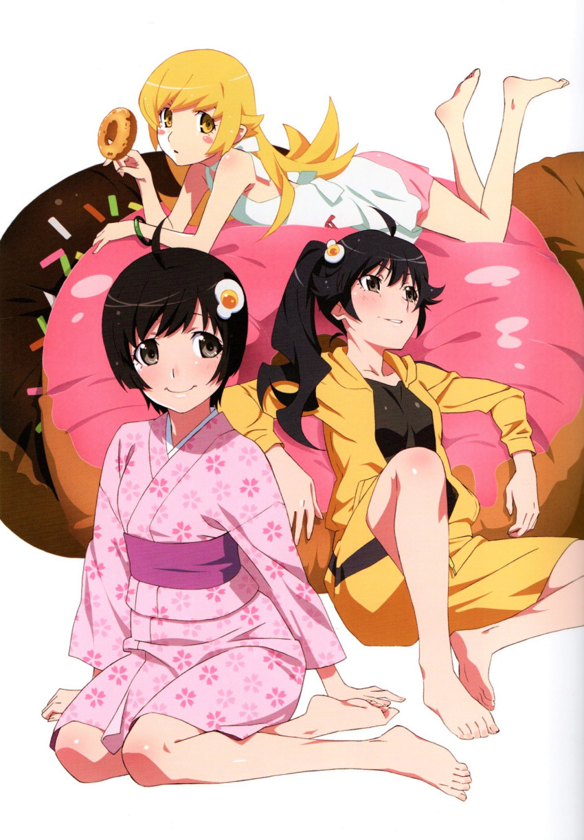 3girls ahoge araragi_karen araragi_tsukihi barefoot black_hair blonde_hair blush blush_stickers bracelet breasts closed_mouth doughnut dress egg_hair_ornament eyelashes feet feet_up floral_print food food-themed_hair_ornament full_body grey_eyes hair_ornament highres holding jacket japanese_clothes jewelry kimono knee_up leaning_back legs long_hair looking_at_viewer lying monogatari_(series) multiple_girls non-web_source official_art on_ground on_stomach oshino_shinobu parted_lips pink_kimono purple_sash sash scan scan_artifacts shadow short_hair shorts side_ponytail sitting small_breasts smile soles the_pose toenails toes track_jacket watanabe_akio white_background white_dress yellow_eyes yellow_jacket yellow_shorts yokozuwari yukata