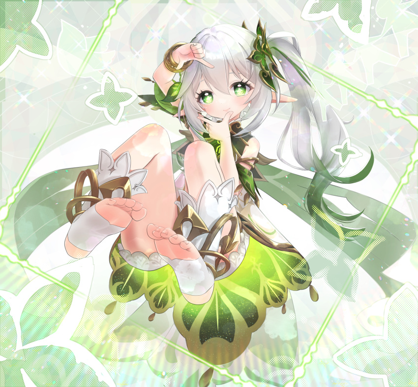 absurdres bare_shoulders bloomers blush closed_mouth commentary_request detached_sleeves dress feet female finger_frame full_body genshin_impact gold_trim gradient_hair green_eyes green_hair green_sleeves hair_between_eyes hair_ornament highres kedama_(kdmsato) leaf_hair_ornament long_hair looking_at_viewer multicolored_hair nahida_(genshin_impact) partial_commentary pointy_ears side_ponytail sleeveless sleeveless_dress smile solo star-shaped_pupils star_(symbol) stirrup_legwear symbol-shaped_pupils toeless_legwear toenails toes white_bloomers white_dress white_hair