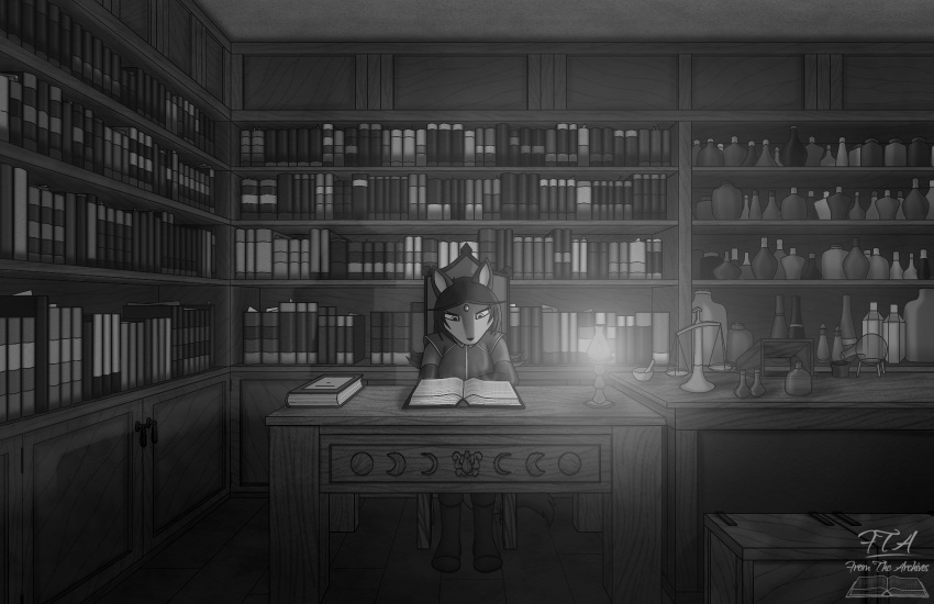 alchemist alchemy anthro black_and_white book bookshelf canid canine chair clothing desk female floor fox from_the_archives fur furniture glowing hi_res magic magic_book mammal monochrome potion potion_bottle serious shaded sitting solo table wall_(structure) wood wood_floor wood_furniture wood_wall zoana_(bethellium)