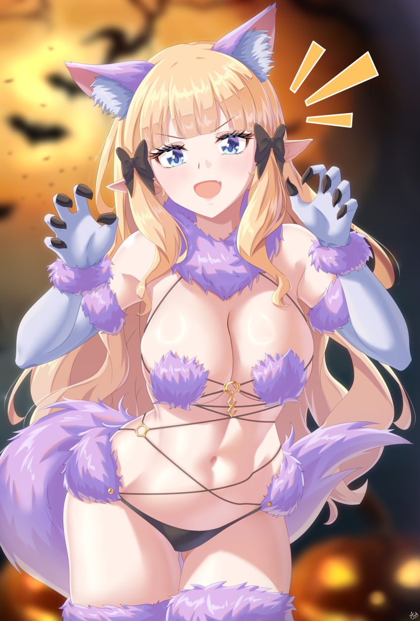 absurdres animal_ears arada_(corsair_zero) bare_shoulders black_bow black_panties blonde_hair blue_eyes blush bow breasts cleavage cosplay elbow_gloves elf fate/grand_order fate_(series) female fur-trimmed_gloves fur-trimmed_legwear fur_collar fur_trim gloves hairbow highres large_breasts long_hair looking_at_viewer mash_kyrielight mash_kyrielight_(dangerous_beast) mash_kyrielight_(dangerous_beast)_(cosplay) navel o-ring open_mouth panties pointy_ears princess_connect! purple_gloves purple_thighhighs revealing_clothes revision saren_(princess_connect!) sidelocks smile solo tail thighhighs underwear wolf_ears wolf_tail