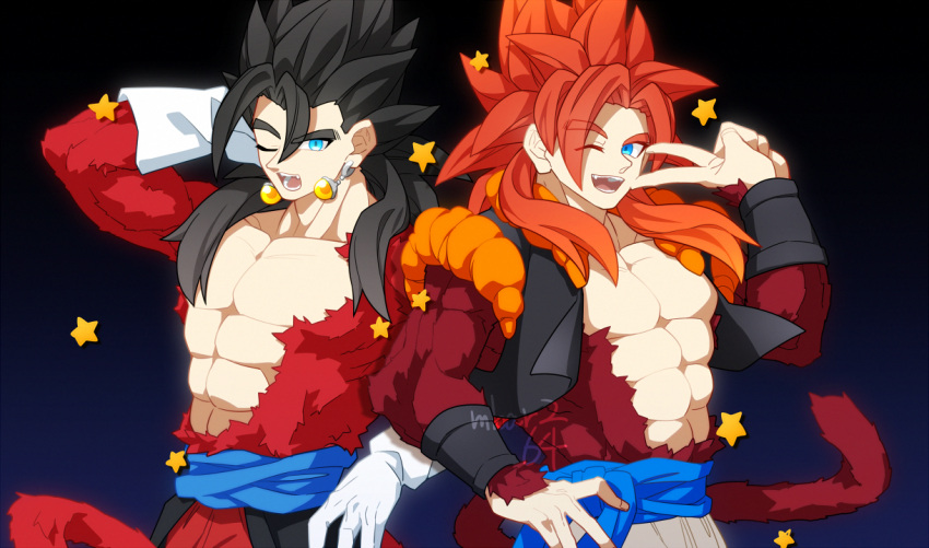 2boys arm_behind_head bare_pectorals black_hair blue_eyes blue_sash bracer commentary_request dragon_ball dragon_ball_gt dragon_ball_heroes earrings floating_clothes gamubanku gloves gogeta gradient_background hand_on_own_hip jewelry looking_at_viewer male_focus medium_hair metamoran_vest monkey_boy monkey_tail multiple_boys muscular muscular_male one_eye_closed open_mouth pectorals potara_earrings red_fur red_hair sash smile spiked_hair star_(symbol) super_saiyan super_saiyan_4 tail topless_male twitter_username v vegetto vegetto_(xeno) white_gloves