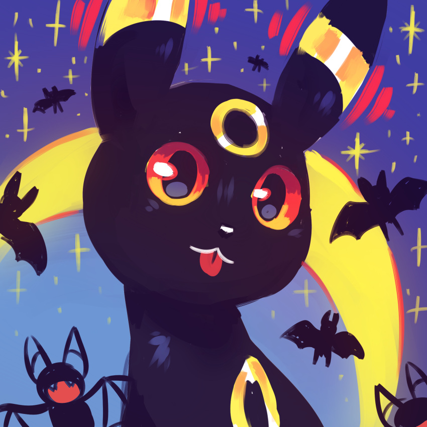 2018 ambiguous_gender bat black_body clenched_teeth digital_media_(artwork) eeveelution feral flavia-elric generation_1_pokemon generation_2_pokemon halloween hi_res holidays mammal markings moon nintendo open_mouth pokemon pokemon_(species) pupils solo sparkles star teeth tongue tongue_out umbreon wings yellow_markings zubat