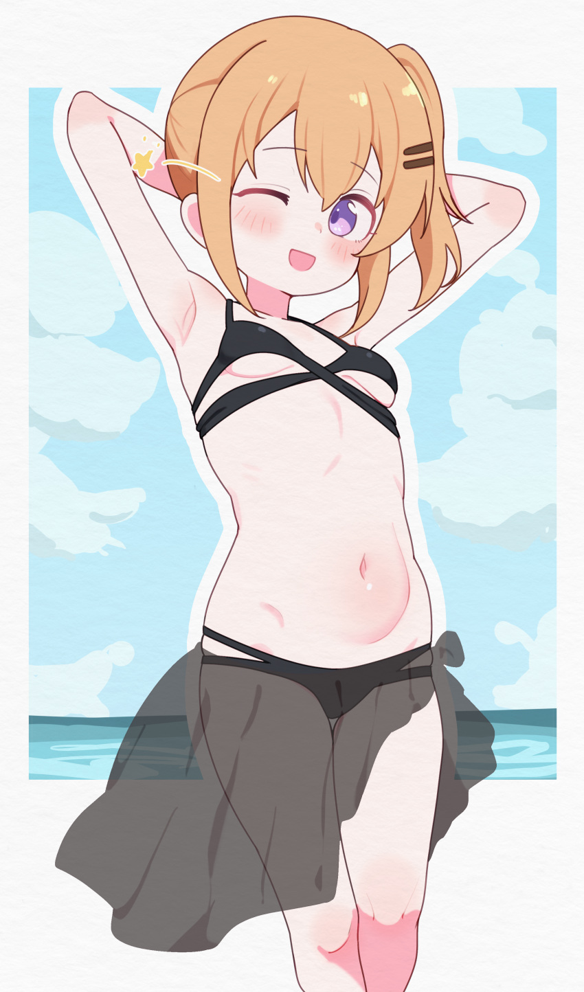 ;d absurdres armpits arms_behind_head beach bikini black_bikini blush breasts commentary commission english_commentary female gochuumon_wa_usagi_desu_ka? highres hoto_cocoa lk149 looking_at_viewer navel ocean one_eye_closed open_mouth orange_hair pixiv_commission purple_eyes short_hair sidelocks small_breasts smile solo standing star_(symbol) stomach swimsuit