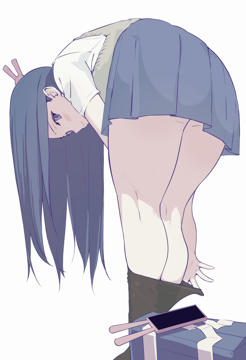 adjusting_sock aotsuki_kaoru ass bent_over black_hair black_socks blue_eyes blue_skirt blush cellphone closed_mouth female from_behind green_sweater_vest hair_ornament highres kneepits long_hair looking_at_viewer looking_back phone pleated_skirt rabbit_hair_ornament sakurajima_mai school_uniform seishun_buta_yarou shirt simple_background skirt smartphone socks solo standing summer_uniform sweater_vest thighs white_background white_shirt