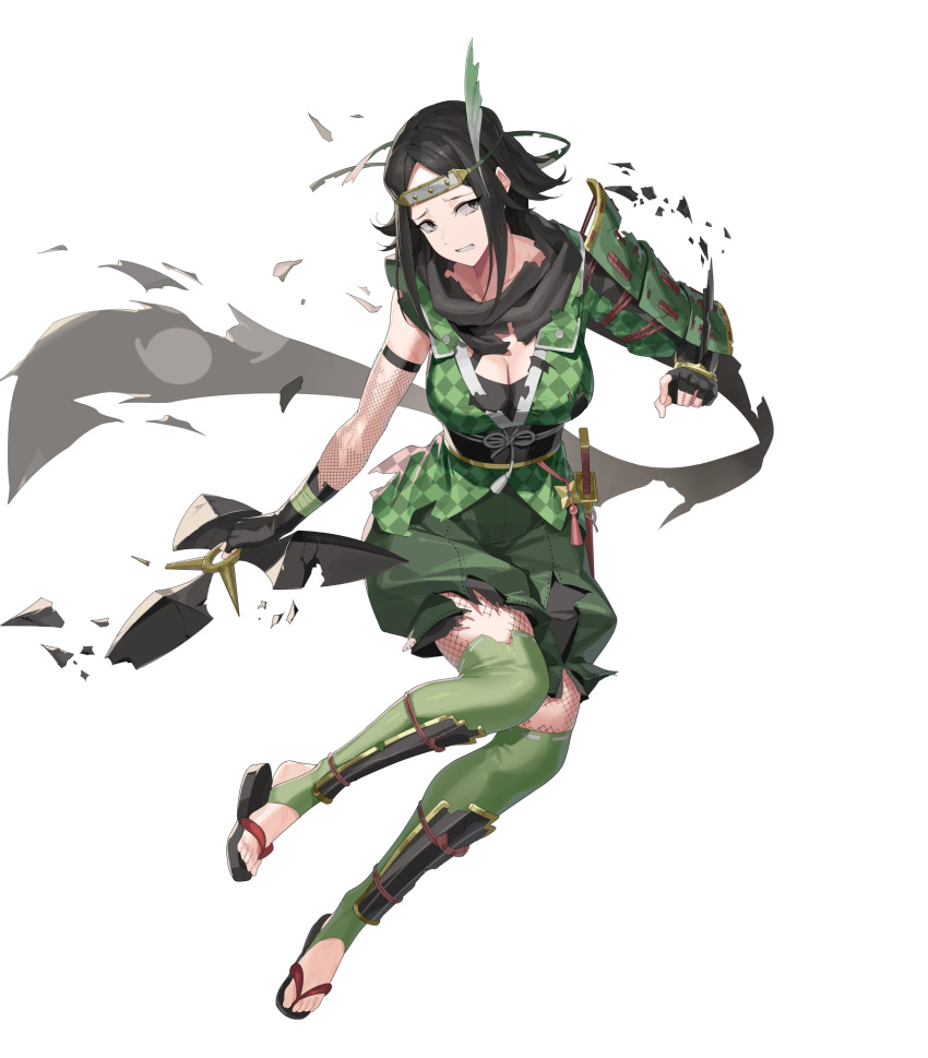 black_eyes black_gloves black_hair breasts clenched_teeth constricted_pupils damaged feather_hair_ornament feathers female fingerless_gloves fire_emblem fire_emblem_awakening fire_emblem_heroes fishnet_pantyhose fishnet_sleeves fishnets furrowed_brow gloves green_thighhighs hair_ornament headband highres holding holding_shuriken holding_weapon japanese_clothes medium_breasts ninja noire_(fire_emblem) noire_(ninja)_(fire_emblem) non-web_source official_alternate_costume official_art pantyhose parted_hair sandals shin_guards short_hair shuriken single_bare_shoulder solo teeth thighhighs torn_clothes torn_pantyhose weapon