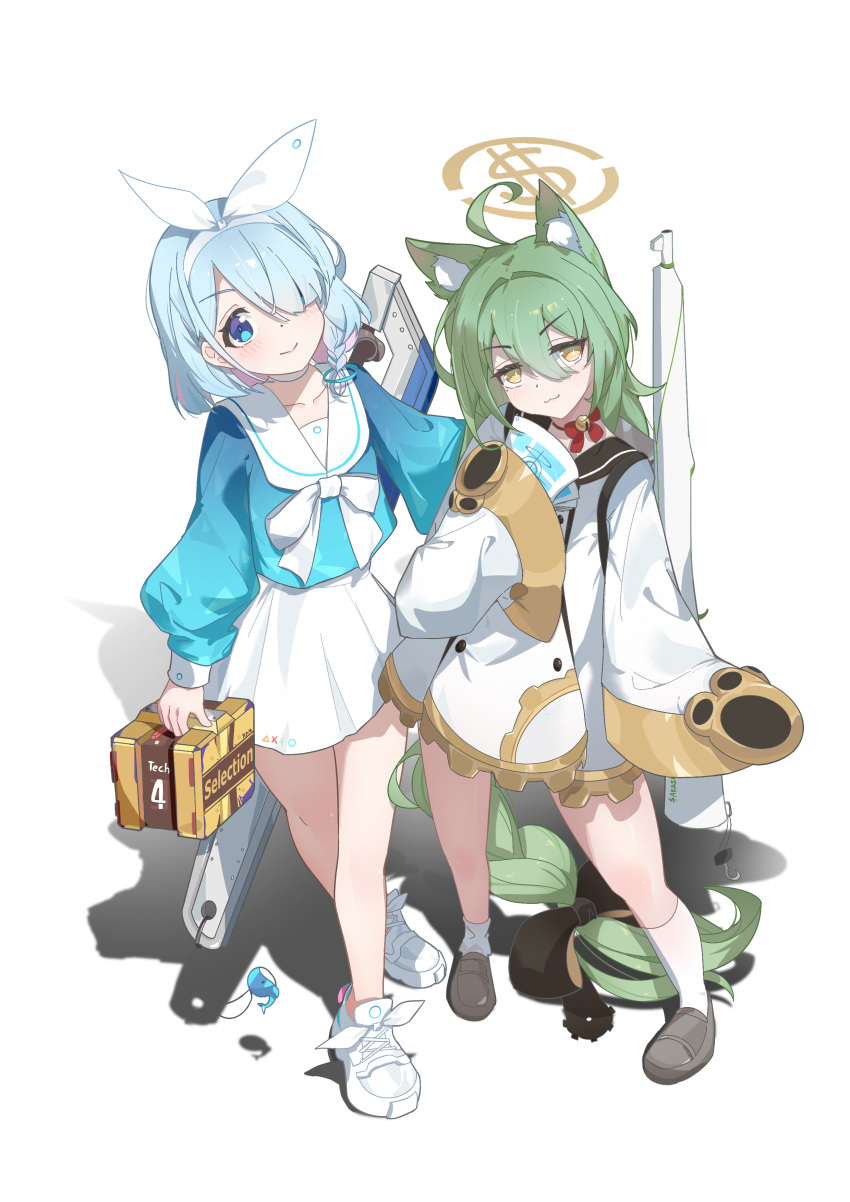 2girls absurdres ahoge akashi_(azur_lane) arona_(blue_archive) azur_lane blue_archive blue_hair cat_girl company_connection crossover dollar_sign green_hair hairband halo highres looking_at_viewer multiple_girls school_uniform serafuku shoes simple_background sneakers tech_box_(azur_lane) weapon_switch white_background white_hairband x_am yostar