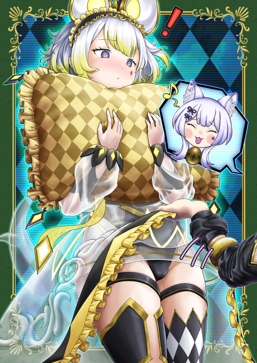 ! 2girls animal_ears argyle_background argyle_clothes argyle_thighhighs black_leotard blonde_hair blush border clothes_lift club_(shape) club_facial_mark cowboy_shot diamond_facial_mark duel_monster facial_mark facing_viewer frilled_hairband frilled_skirt frills from_below gradient_hair hairband highres holding holding_pillow leotard long_sleeves looking_down malice<p>cheshire_cat malice<p>dormouse motion_lines mouse_ears multicolored_hair multiple_girls musical_note ornate_border outside_border parasite_oyatsu pillow purple_hair see-through_clothes see-through_skirt see-through_sleeves short_hair sidelocks simple_background single_thighhigh skirt skirt_lift solo_focus spoken_musical_note thighhighs white_hair yu-gi-oh!