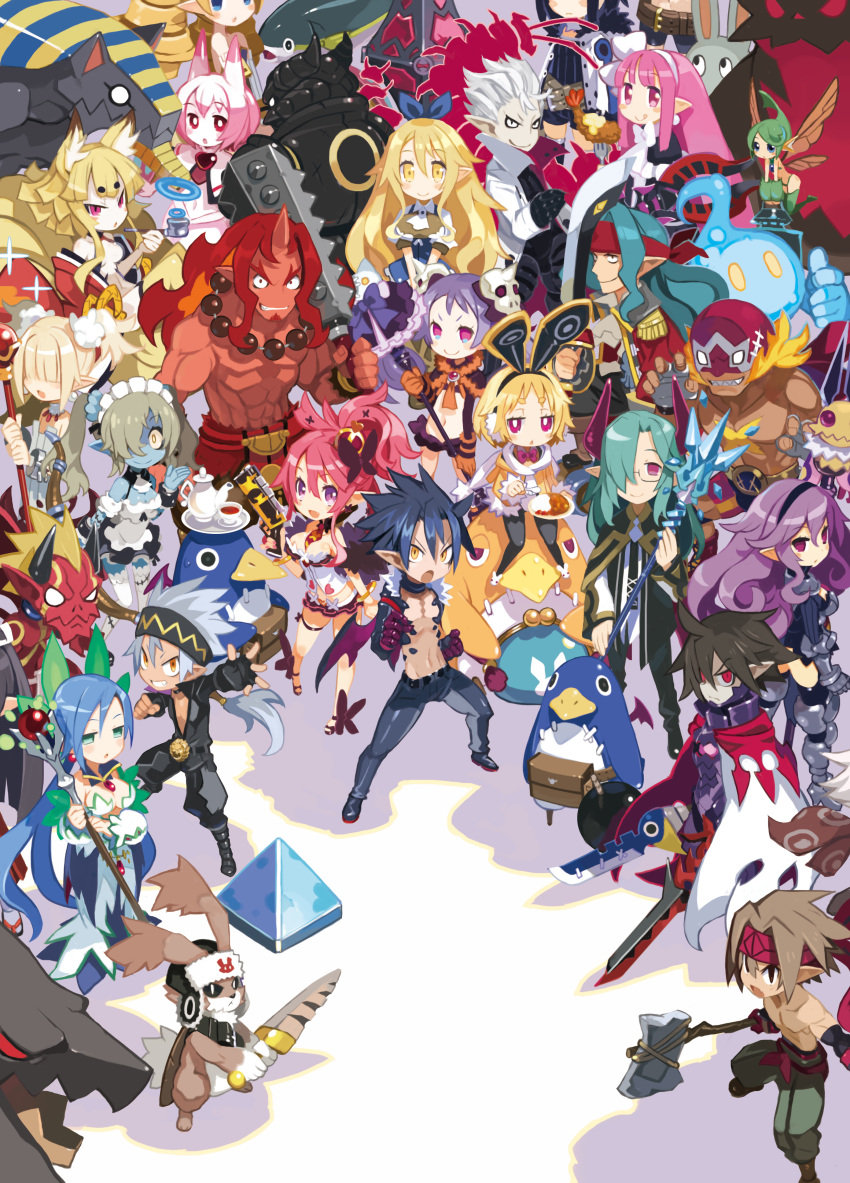 6+boys 6+girls absolutely_everyone absurdres ahoge animal_ears annotated aqua_hair arched_crown archer_(disgaea) armor asagiri_asagi axe bear_(disgaea) bird black_armor black_footwear black_gloves black_hair black_hairband black_pants black_pantyhose black_shorts blonde_hair bloodis_(disgaea) blue_bow blue_hair blue_skin boots bow breasts bright_pupils cape chimera_(disgaea) choker christo_(disgaea) coat colored_skin crown curly_hair curry dark_knight_(disgaea) detached_sleeves disgaea dragon_(disgaea) drill_hair elbow_gloves everyone fairy_(disgaea) fairy_wings female_warrior_(disgaea) fingerless_gloves fish food fox_ears full_armor gloves green_hair green_pants gun hair_ornament hair_over_eyes hair_over_one_eye hairband hairbow harada_takehito headband heavy_knight_(disgaea) highres holding holding_axe holding_gun holding_staff holding_sword holding_weapon horns imp_(disgaea) jewelry killia_(disgaea) kiseru large_breasts legs_apart liezerota_(disgaea) long_hair looking_at_viewer low_ponytail luchador_mask lucky_board_(disgaea) mage_(disgaea) maid_(disgaea) majorita_(disgaea) makai_senki_disgaea_5 male_healer_(disgaea) male_warrior_(disgaea) mini_crown monster multiple_boys multiple_girls muscular muscular_male nine-tailed_fox_(disgaea) ninja_(disgaea) official_art pants pantyhose penguin pink_eyes pink_hair pirate_(disgaea) pointy_ears prinny purple_armor purple_eyes purple_hair rabbit rabbit_(disgaea) rabbit_ears red_crown red_eyes red_headband red_magnus red_skin ronin_(disgaea) sage_(disgaea) scarf sea_angel_(disgaea) seraphina_(disgaea) shoes short_hair short_twintails shorts shrimp shrimp_tempura skull_hair_ornament smoking_pipe spiked_hair staff standing sword tempura thighlet topless_male twintails usalia_(disgaea) v_arms void_dark_(disgaea) weapon white_cape white_coat white_hair white_scarf white_skin winged_warrior_(disgaea) wings wrestler_(disgaea) yellow_eyes zeroken_(disgaea)