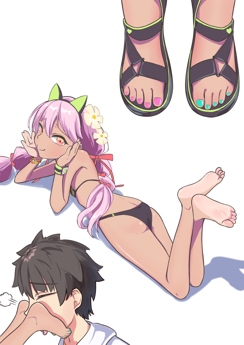 1boy absurdres animal_ears barefoot bead_bracelet beads bikini black_bikini bracelet braid chloe_von_einzbern chloe_von_einzbern_(swimsuit_avenger) closed_eyes commentary_request dark-skinned_female dark_skin fake_animal_ears fate/grand_order fate_(series) feet female flower foot_focus foot_worship fujimaru_ritsuka_(male) full_body green_nails hair_flower hair_ornament hairband highres jewelry light-skinned_soles long_hair looking_at_viewer looking_back low_twin_braids lying multicolored_nails multiple_views nail_polish on_stomach orange_eyes pink_hair pink_nails puff_of_air rain_and_light_love sandals short_hair simple_background smelling smile soles straight swimsuit the_pose toenail_polish toenails toes twin_braids watch white_background wristwatch