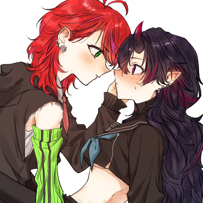 2girls akane_canna amaotome antenna_hair black_hoodie black_shirt blue_neckerchief blush breasts closed_mouth cropped_shirt detached_sleeves ear_blush earrings green_eyes green_sleeves hand_on_another's_cheek hand_on_another's_face highres hood hoodie jewelry long_hair long_sleeves looking_at_another medium_breasts medium_hair multicolored_hair multiple_girls nanashi_inc. neckerchief nose_blush pointy_ears profile purple_hair red_hair ryugasaki_rene ryugasaki_rene_(3rd_costume) school_uniform serafuku shirt simple_background smile streaked_hair two-tone_hair underboob upper_body virtual_youtuber white_background yuri