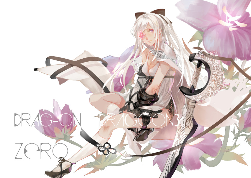 black_bow black_footwear black_gloves bow breasts character_name cleavage closed_mouth collarbone commentary copyright_name drag-on_dragoon female flower flower_over_eye gloves highres invisible_chair kurahanarimi long_hair pink_eyes purple_flower shirt sitting solo sword weapon white_background white_hair white_shirt zero_(drag-on_dragoon)