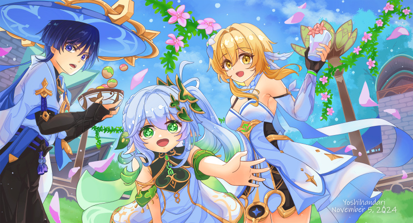 1boy 2girls :d artist_name bare_shoulders black_bridal_gauntlets blonde_hair blue_eyes blue_hair blue_sky bowl breasts bridal_gauntlets cloud commentary_request cup dated day detached_sleeves dress genshin_impact gold_trim gradient_hair green_eyes green_hair green_sleeves hair_between_eyes hair_ornament handari hat highres holding holding_bowl holding_cup jingasa leaf_hair_ornament long_hair lumine_(genshin_impact) medium_breasts multicolored_hair multiple_girls nahida_(genshin_impact) open_mouth outdoors outstretched_arm pointy_ears scaramouche_(genshin_impact) short_hair_with_long_locks side_ponytail sky sleeveless sleeveless_dress smile symbol-shaped_pupils wanderer_(genshin_impact) white_dress white_hair yellow_eyes