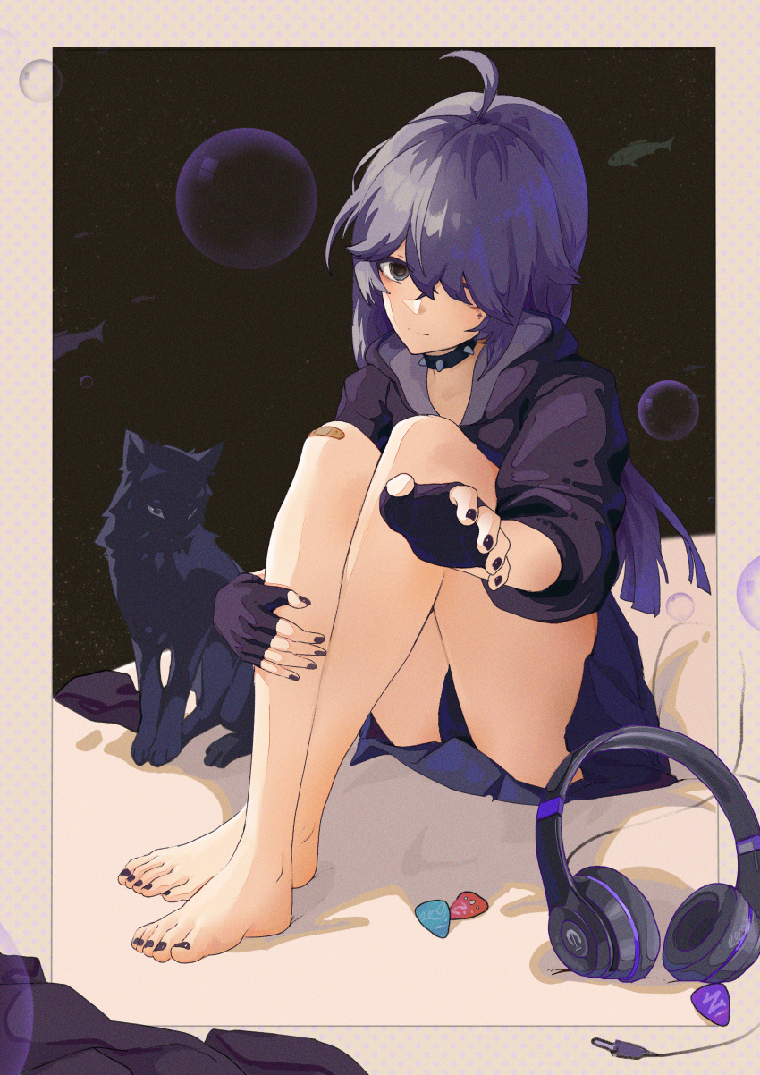 absurdres ahoge bandaid bandaid_on_knee bandaid_on_leg bare_legs barefoot black_background black_nails blue_panties blue_skirt border closed_mouth feet feline female fingerless_gloves full_body gloves grey_eyes hair_over_one_eye headphones highres hood hood_down hoodie knees_up legs long_hair long_sleeves looking_at_viewer miniskirt nail_polish original panties pleated_skirt plectrum purple_gloves purple_hair purple_hoodie shadow sitting skirt solo studded_choker toenail_polish toenails toes underwear unworn_headphones yueyueniao