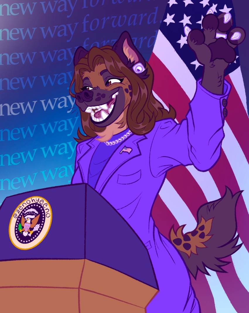 2024 5_fingers american_flag anthro biped brown_body brown_eyes brown_fur brown_hair brown_tail claws clothed clothing ear_piercing english_text female fingers fur hair hi_res hyena jewelry kamala_harris mammal necklace open_mouth open_smile pawpads piercing podium political_endorsement politics purple_clothing purple_suit signature smile solo suit tail teeth text tongue united_states_of_america white_claws zenohyeeno