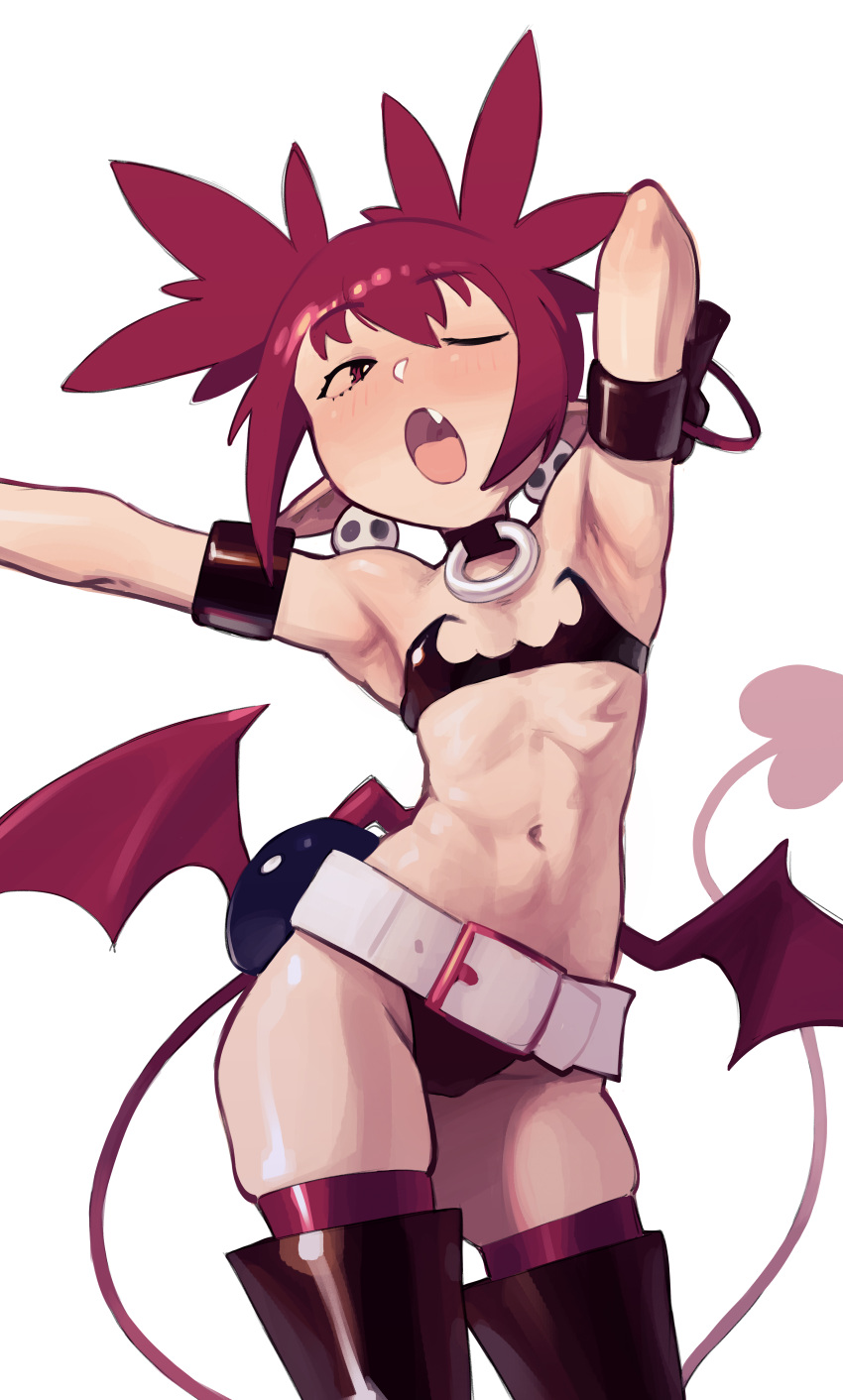 absurdres armband armpits bandeau bangle belt black_armband black_bandeau black_choker black_footwear black_gloves black_panties boots bracelet choker commentary contrapposto cowboy_shot demon_girl demon_tail demon_wings disgaea earrings etna_(disgaea) female flat_chest gloves hair_between_eyes highres jewelry light_blush linea_alba navel oerba_yun_fang one_eye_closed open_mouth outstretched_arm panties petite piku184 pointy_ears red_eyes red_hair red_tail red_thighhighs red_wings short_hair short_twintails sidelocks simple_background skindentation skull_earrings solo straight_hair stretching tail thigh_boots thighhighs thighhighs_under_boots twintails underwear white_background white_belt wings yawning