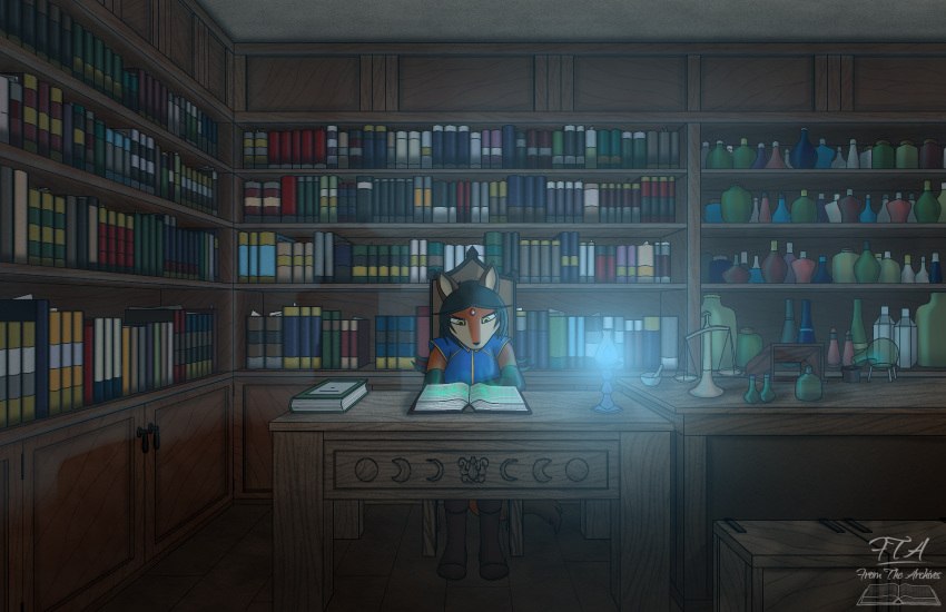 alchemist alchemy anthro bethellium black_hair black_nose blue_clothing book bookshelf canid canine chair clothing desk female floor fox from_the_archives fur furniture glowing hair hi_res magic magic_book mammal orange_body orange_fur potion potion_bottle serious shaded sitting solo table wall_(structure) wood wood_floor wood_furniture wood_wall zoana_(bethellium)