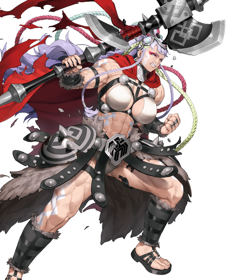 abs axe blonde_hair braid braided_sidelock cape clenched_teeth damaged facial_mark female fire_emblem fire_emblem_heroes gladiator_sandals gradient_hair highres holding holding_axe jewelry long_hair looking_at_viewer multicolored_hair muscular muscular_female non-web_source official_art ponytail purple_hair red_cape ring sandals solo teeth thjazi_(fire_emblem) very_long_hair waist_cape white_hair white_lips