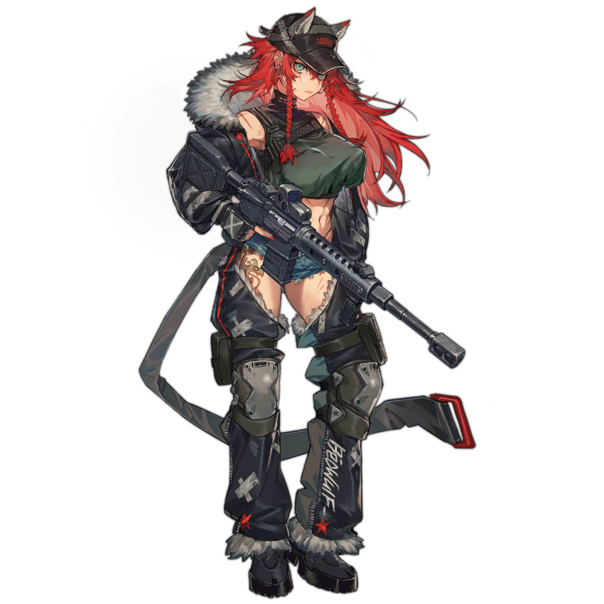 animal_ears ar-15 belt beowulf_(girls'_frontline) black_footwear black_gloves boots braid breasts closed_mouth contrapposto covered_nipples crop_top crop_top_overhang crotchless crotchless_pants earrings fake_animal_ears female fingerless_gloves fingernails full_body fur-trimmed_jacket fur-trimmed_pants fur_trim girls'_frontline gloves green_eyes green_shirt gun hair_between_eyes hat heel_up highres jacket jewelry knee_pads large_breasts leg_tattoo long_hair long_sleeves looking_at_viewer nail_polish navel no_bra official_art pants pouch red_hair red_nails rifle scar scar_on_shoulder see-through_clothes serious shirt short_shorts shorts simple_background sleeveless sleeveless_shirt solo soono_(rlagpfl) standing star_(symbol) tattoo thigh_pouch third-party_source torn_clothes transparent_background trigger_discipline twin_braids weapon wolf_ears