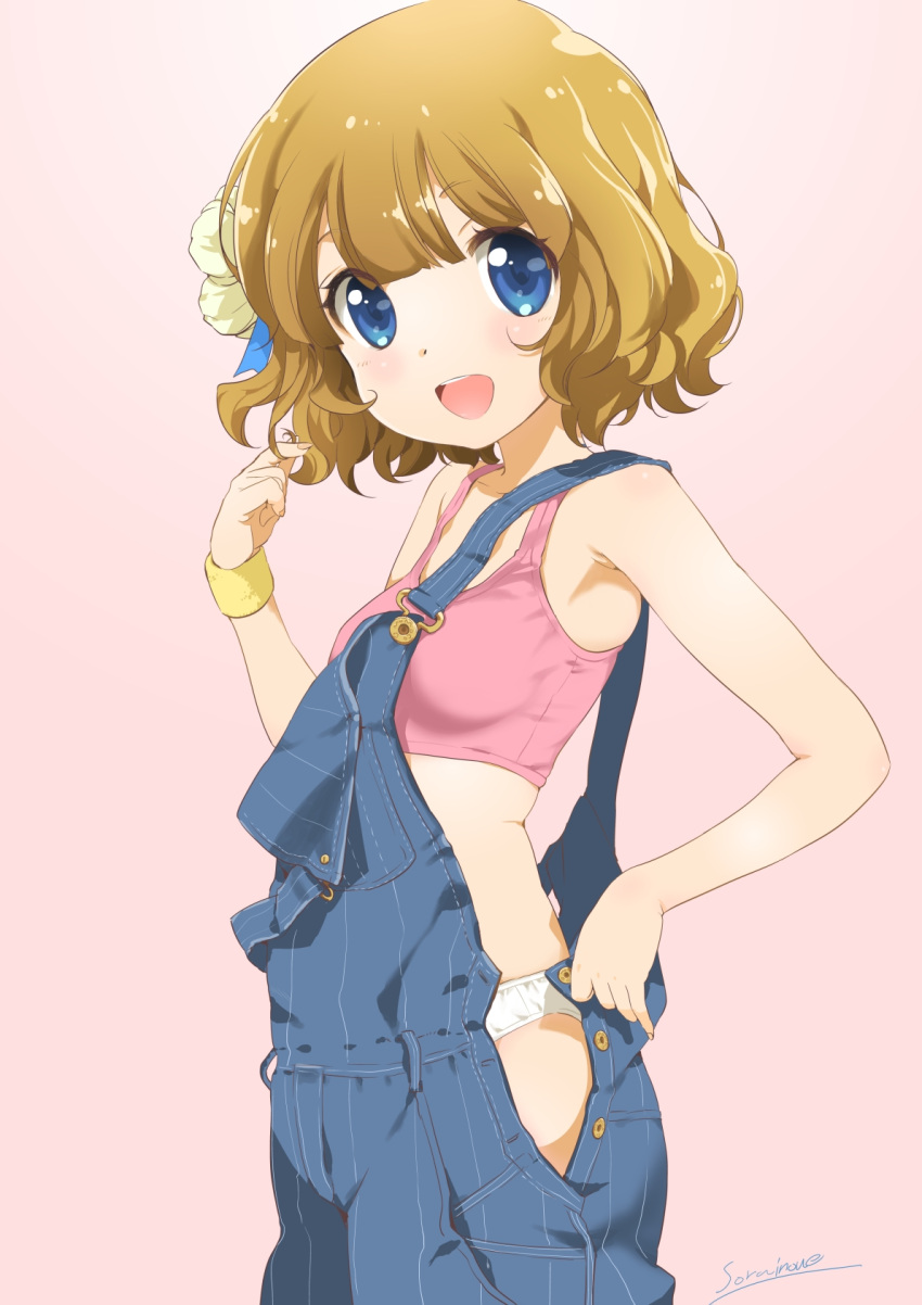 artist_name blue_eyes bob_cut breasts brown_hair character_name commentary_request cowboy_shot female flower gradient_background hair_flower hair_ornament hand_in_own_hair highres idolmaster idolmaster_million_live! inoue_sora light_blush looking_at_viewer open_clothes open_mouth overalls panties panty_peek parted_lips pink_sports_bra revision short_hair signature small_breasts smile solo sports_bra standing strap_slip suou_momoko underwear white_panties wristband