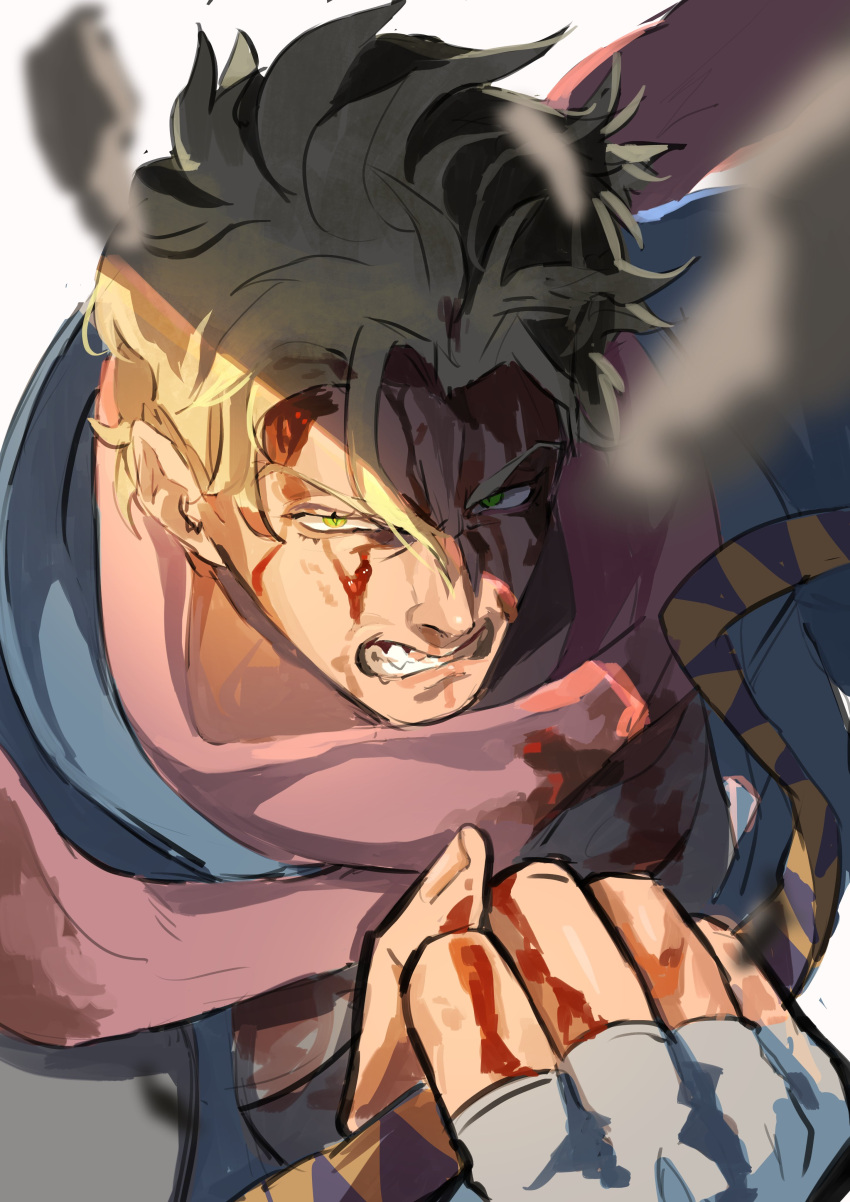 1boy absurdres arm_up battle_tendency blonde_hair blood blood_on_clothes blood_on_face blood_on_hands blue_shirt caesar_anthonio_zeppeli clenched_hand clenched_teeth commentary_request green_eyes headband highres holding_headband jojo_no_kimyou_na_bouken looking_at_viewer male_focus patterned_clothing pink_scarf scarf shirt short_hair slit_pupils solo teeth unworn_headband upper_body v-shaped_eyebrows yoru_tsuki12