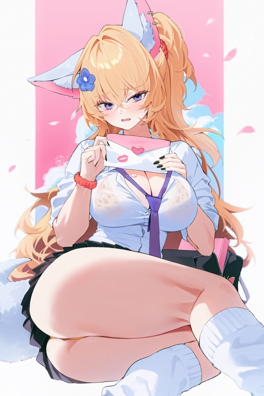 absurdres animal_ears ass black_skirt blonde_hair blue_eyes breasts cleavage collared_shirt commission embarrassed envelope female flower fox_ears fox_tail hair_flower hair_ornament hands_up highres holding holding_envelope large_breasts long_hair looking_at_viewer miniskirt nail_polish necktie open_mouth orange_panties original panties petals pleated_skirt ponytail scrunchie second-party_source see-through_clothes shirt short_sleeves sitting skirt socks solo tail thighs timy underwear very_long_hair white_shirt white_socks wrist_scrunchie