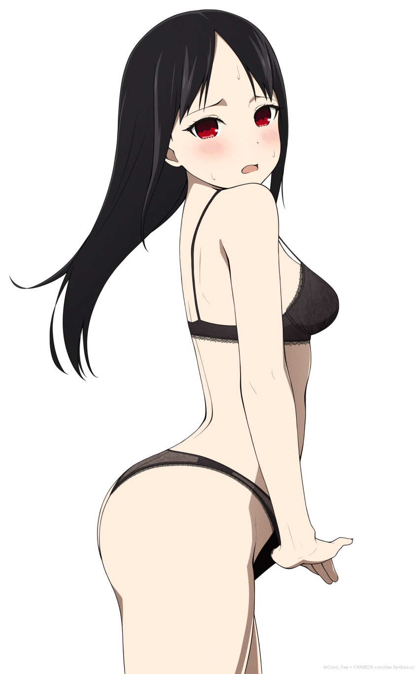 absurdres black_bra black_hair black_panties bra breasts coro_fae female from_side highres kaguya-sama_wa_kokurasetai_~tensai-tachi_no_renai_zunousen~ long_hair panties shinomiya_kaguya simple_background small_breasts solo sweat underwear white_background