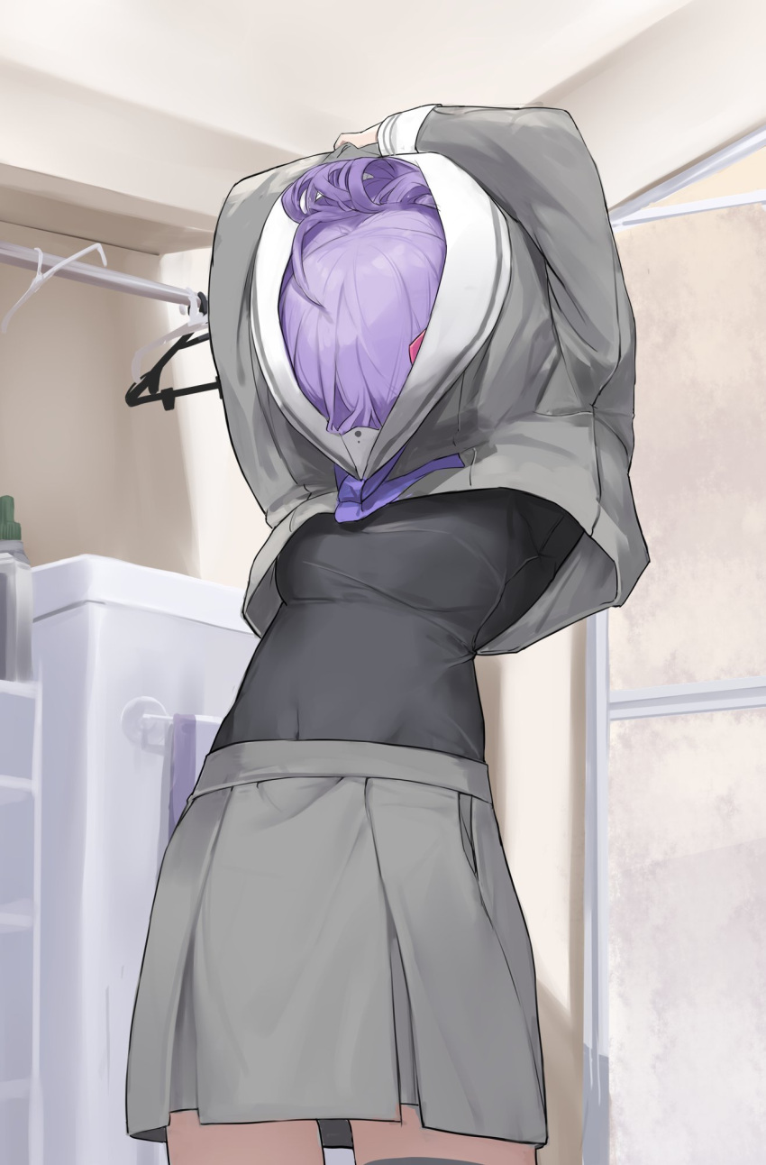 arms_up bathroom black_shirt clothes_hanger covered_face covered_navel highres long_sleeves navel necktie pleated_skirt pocche-ex ponytail purple_hair purple_necktie school_uniform serafuku shirt skirt towel undershirt undressing vocaloid voiceroid yuzuki_yukari