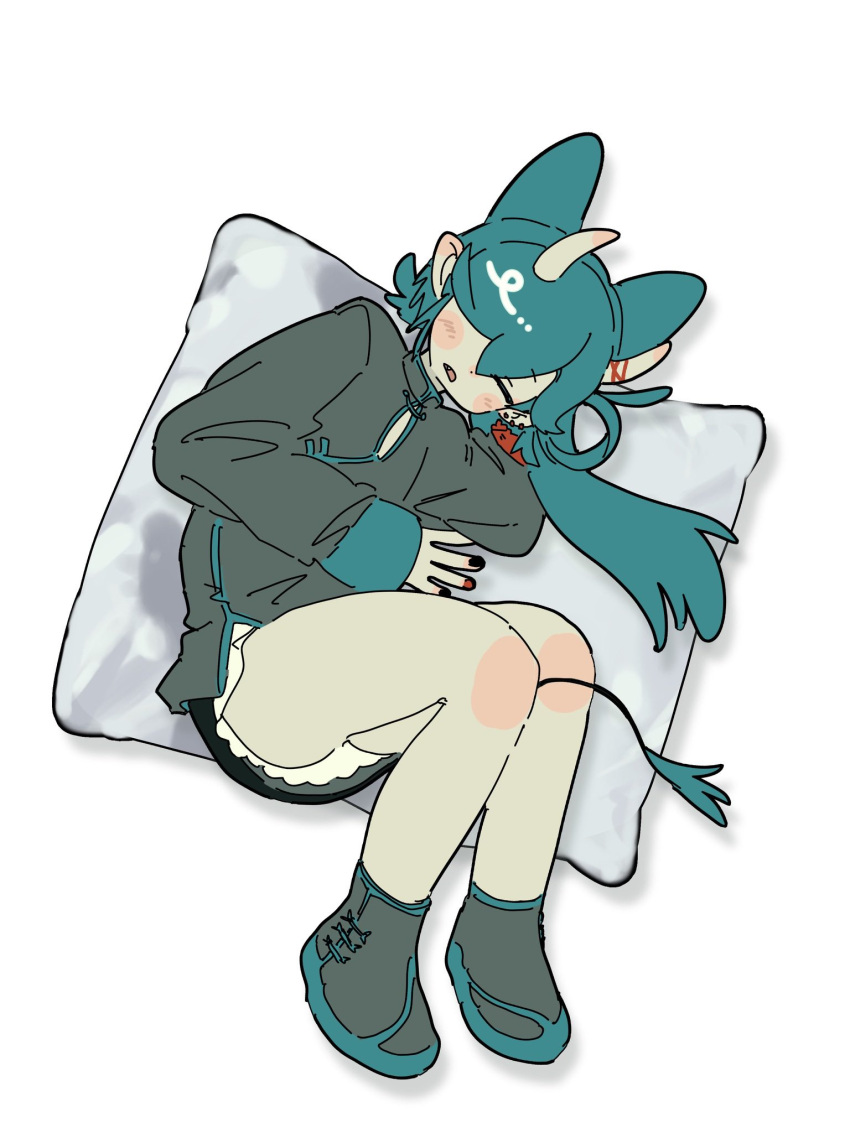 blue_hair chinese_clothes closed_eyes commentary_request cone_hair_bun double_bun female full_body fur-tipped_tail hair_bun hair_over_one_eye highres horns long_hair lying on_pillow on_side original pillow solo tail ty_z15