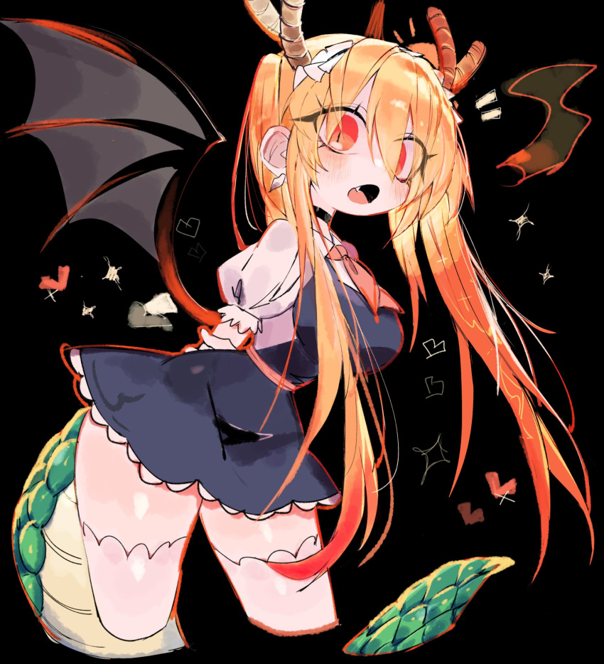 black_background blonde_hair blue_dress breasts dragon_girl dragon_horns dragon_tail dragon_wings dress earrings female frilled_dress frills gloves gradient_hair highres horns horns_through_headwear jewelry kobayashi-san_chi_no_maidragon large_breasts large_tail maid maid_headdress multicolored_hair necktie oerba_yun_fang open_mouth orange_eyes orange_hair puffy_sleeves red_necktie scales simple_background slit_pupils tail thighhighs tohru_(maidragon) twintails usa37107692 white_gloves white_thighhighs wings