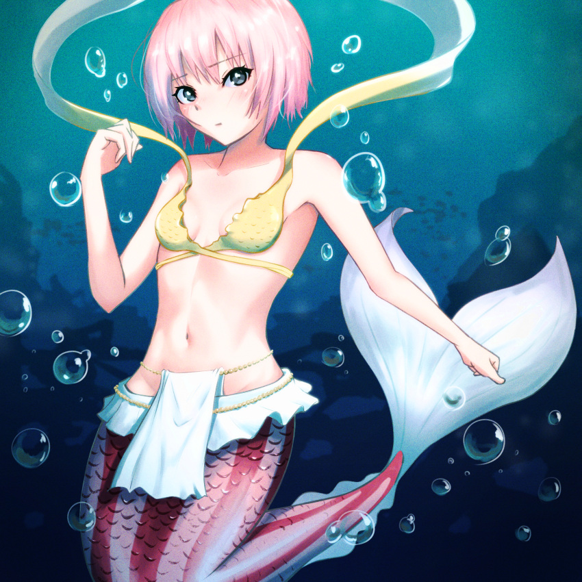 air_bubble alternate_color alternate_eye_color bare_shoulders belly_chain bikini blue_eyes blush breasts bubble closed_mouth collarbone commentary cosplay criss-cross_straps curled_fingers dot_mouth expressionless female fish hand_up highres jewelry mermaid midriff monster_girl nanasaki_ai navel one_piece oshizu outstretched_arm pelvic_curtain pink_hair shirahoshi shirahoshi_(cosplay) short_hair skirt small_breasts solo swimsuit tail_raised toned_female underwater very_short_hair voice_actor_connection white_skirt yellow_bikini