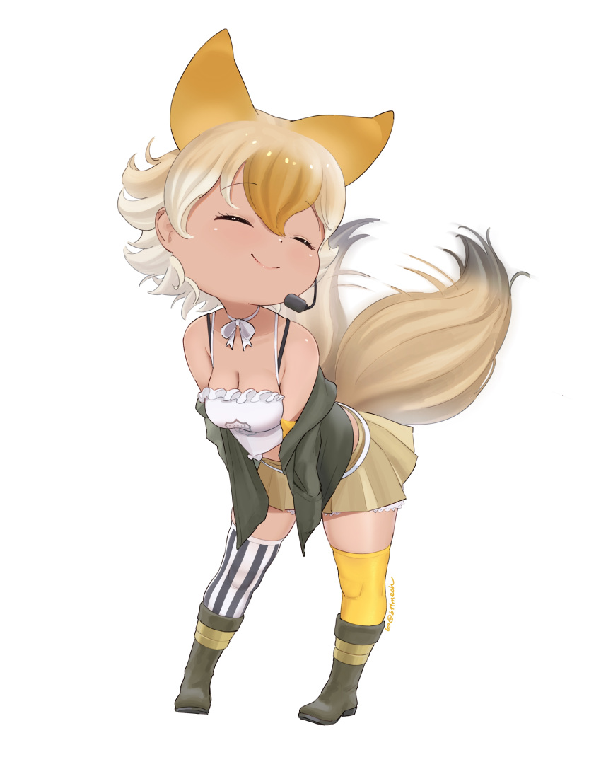 absurdres afterimage animal_ears asymmetrical_legwear bare_shoulders beleven black_jacket black_thighhighs blonde_hair blush boots bow bowtie brown_footwear brown_skirt choker closed_eyes coyote_(kemono_friends) extra_ears female frilled_shirt frills hair_between_eyes highres jacket kemono_friends kemono_friends_v_project light_brown_hair long_sleeves microphone midriff multicolored_hair pleated_skirt shirt short_hair sidelocks skirt sleeveless smile solo spaghetti_strap striped_clothes striped_thighhighs tail tail_wagging thighhighs two-tone_thighhighs vertical-striped_clothes vertical-striped_thighhighs virtual_youtuber white_bow white_bowtie white_choker white_hair white_shirt white_thighhighs wolf_ears wolf_girl wolf_tail yellow_thighhighs zettai_ryouiki