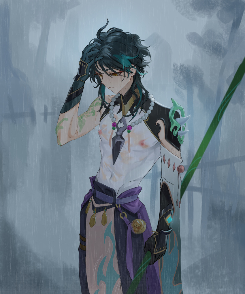 1boy absurdres aqua_hair arm_tattoo bead_necklace beads black_gloves black_hair black_pants closed_mouth genshin_impact gloves green_gloves highres holding holding_polearm holding_weapon jewelry lji_321 male_focus multicolored_hair necklace nipples pants polearm rain shirt short_hair solo tattoo water_drop weapon wet white_shirt xiao_(genshin_impact) yellow_eyes