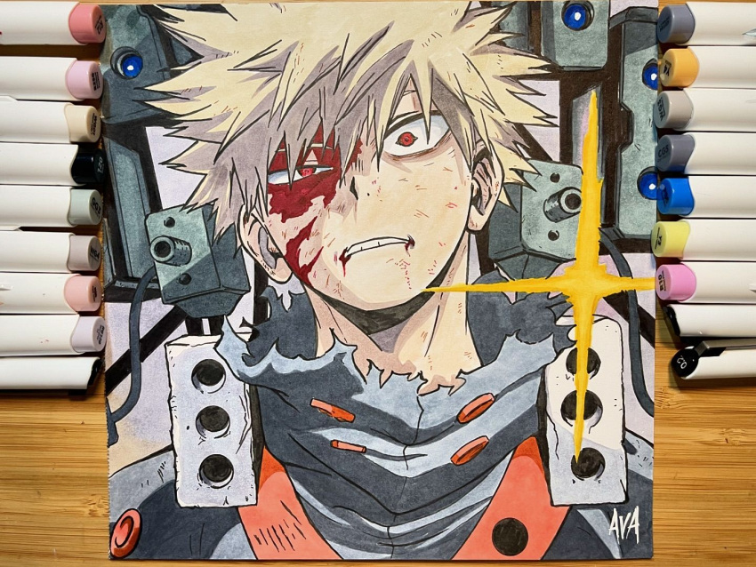 1boy art_tools_in_frame bakugou_katsuki blonde_hair blood blood_from_mouth boku_no_hero_academia burn_scar clenched_teeth commentary draw_with_aid english_commentary frown half-closed_eye making-of_available male_focus marker_(medium) official_style photo_(medium) portrait red_eyes scar signature solo spiked_hair teeth torn_clothes traditional_media