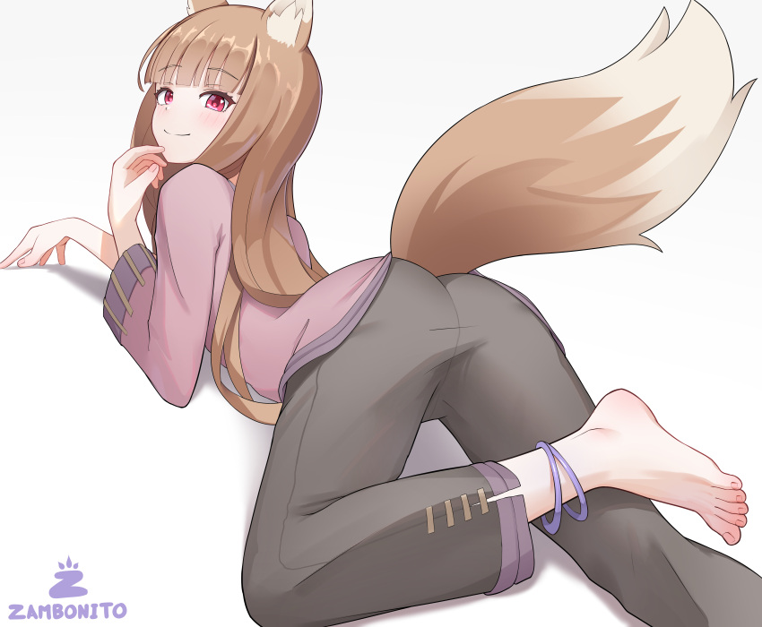 absurdres animal_ear_fluff animal_ears anklet artist_name ass barefoot black_pants blush brown_hair closed_mouth commentary english_commentary feet female foot_out_of_frame highres holo jewelry long_hair long_sleeves looking_at_viewer lying on_stomach pants purple_shirt red_eyes shirt simple_background smile solo spice_and_wolf split_mouth tail tail_raised very_long_hair white_background wide_sleeves wolf_ears wolf_girl wolf_tail zambonito