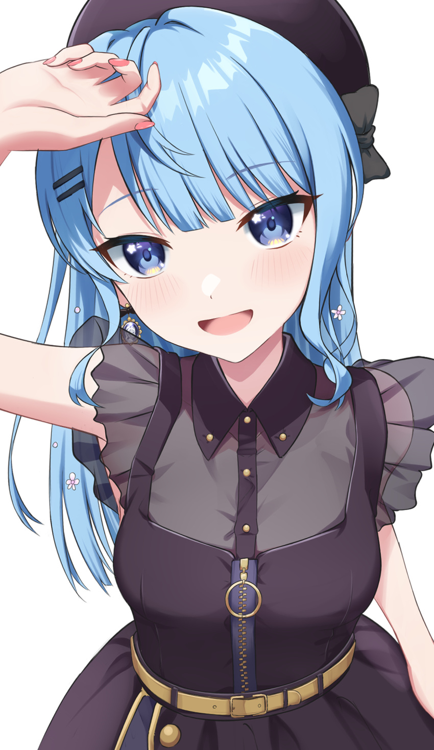 :d belt beret black_belt black_dress black_hat blue_eyes blue_hair blush breasts cleavage collared_dress commentary dress female fuyumichi hair_ornament hairclip hand_up hat highres hololive hoshimachi_suisei hoshimachi_suisei_(maid) long_hair looking_at_viewer maid nail_polish official_alternate_costume official_alternate_hairstyle open_mouth pink_nails see-through_cleavage see-through_clothes see-through_sleeves shading_eyes simple_background small_breasts smile solo star_(symbol) star_in_eye symbol_in_eye upper_body virtual_youtuber white_background zipper_dress