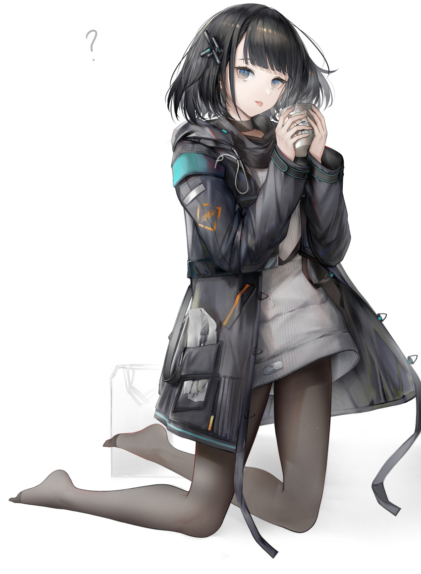 :p ? absurdres arknights arknights:_endfield bag black_choker black_coat black_hair black_pantyhose blue_eyes choker coat cowboy_shot cup endministrator_(arknights) female female_endministrator_(arknights) full_body grey_sweater highres holding holding_cup long_sleeves looking_at_viewer medium_hair no_shoes nopetroto object_in_pocket open_clothes open_coat open_mouth pantyhose shopping_bag simple_background solo sweater tongue tongue_out white_background