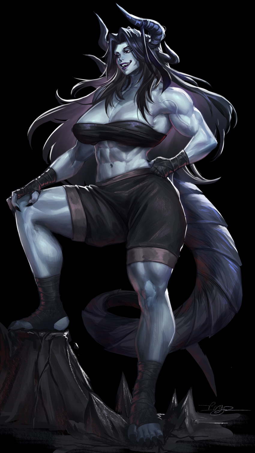 2023 abs absurd_res bandeau biceps black_hair black_sclera bottomwear breasts clothing deltoids demon feet female foot_wraps hair hand_wraps hi_res horn humanoid midriff muscular muscular_female navel not_furry quads shorts solo tail topwear vein virgoart wraps