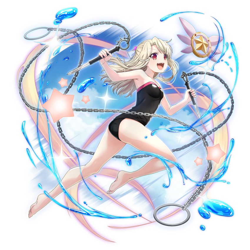 :d absurdres ass bare_legs bare_shoulders barefoot black_one-piece_swimsuit blonde_hair breasts fate/kaleid_liner_prisma_illya fate_(series) female full_body grand_summoners highres holding illyasviel_von_einzbern kaleidostick long_hair magical_ruby official_art one-piece_swimsuit open_mouth red_eyes small_breasts smile solo straight_hair swimsuit transparent_background