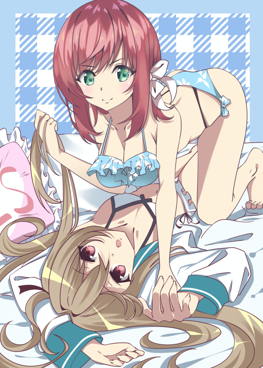 >:) 2girls :o absurdres ahoge all_fours arms_up atri atri-my_dear_moments- bare_arms bikini black_ribbon blue_bikini blush bow breasts cleavage closed_mouth collarbone commentary cowgirl_position dress eyes_visible_through_hair floral_print floral_print_bikini frilled_bikini frilled_pillow frills full_body green_eyes hair_between_eyes hair_intakes hair_ribbon hair_spread_out hairbow hand_up hashtag-only_commentary highres holding_another's_hair kamishiro_minamo large_breasts light_brown_hair long_hair long_sleeves looking_at_viewer lying medium_hair multiple_girls navel on_back on_bed open_clothes open_dress open_mouth pillow red_eyes red_hair ribbon sailor_dress sidelocks simple_background small_breasts smile smug split_mouth sukonbu385 swept_bangs swimsuit thighs tiptoes two_side_up upturned_eyes v-shaped_eyebrows very_long_hair white_bikini white_bow white_dress wide_sleeves yes yes-no_pillow yuri