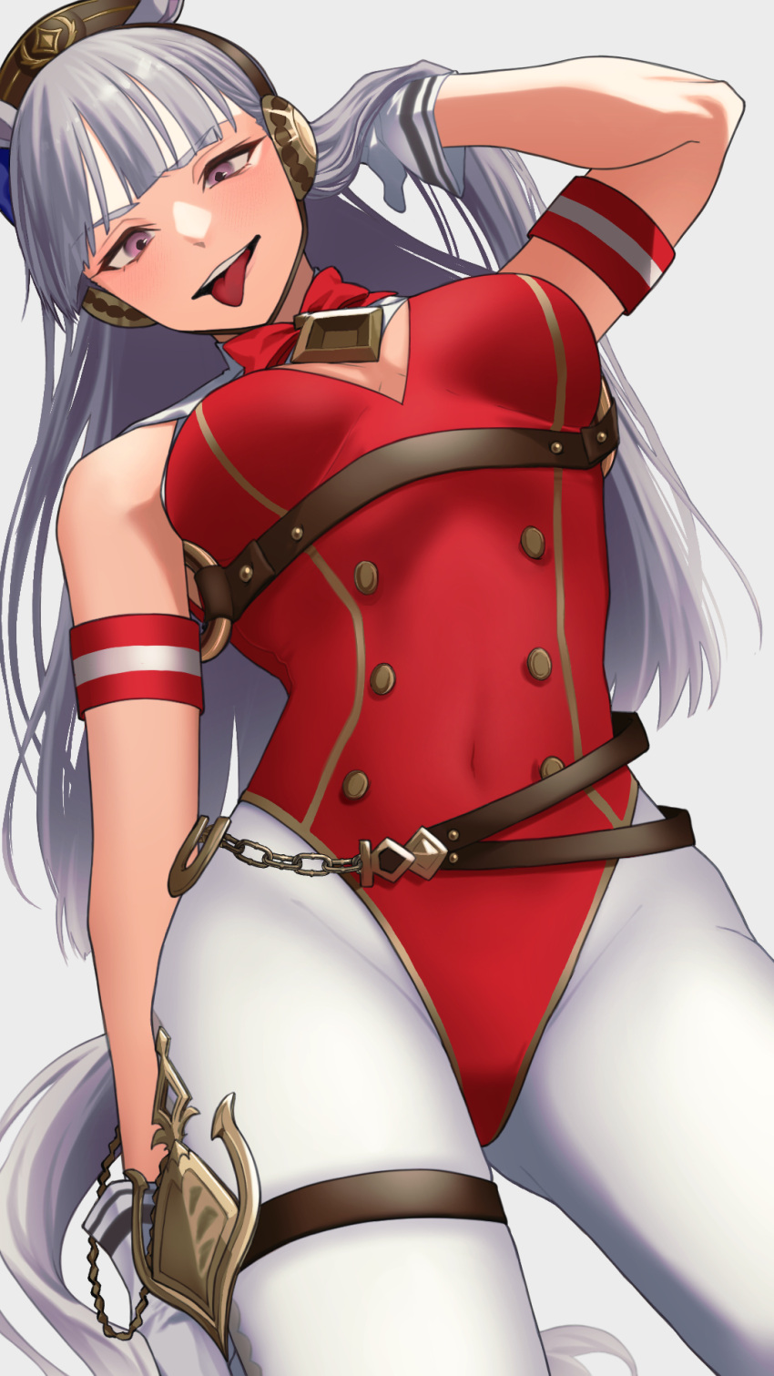 adapted_costume animal_ears arm_strap belt bow breasts brown_belt brown_hat buttons cleavage commentary_request cowboy_shot double-breasted female gloves gold_ship_(umamusume) grey_hair hat highres horse_ears horse_girl horse_tail leotard long_hair looking_at_viewer medium_breasts pantyhose pillbox_hat powerful_sangyou_haikibutsu purple_bow purple_eyes red_bow red_leotard simple_background solo tail teeth thigh_strap tongue tongue_out umamusume upper_teeth_only very_long_hair white_background white_gloves white_pantyhose