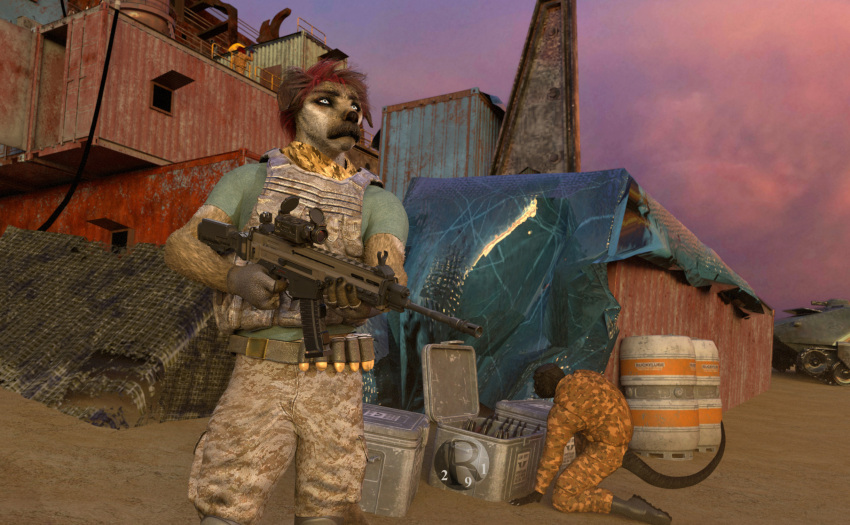 3d_(artwork) anthro armored_vehicle camp canid canine canis daz_studio_(artwork) desert digital_media_(artwork) domestic_dog dusk flak_jacket group gun hi_res husky_retriever_mix lizard male mammal mercenary military perturbedmania ranged_weapon reptile rifle ruins scalie shipping_container soldier somber warrior weapon zander_murphy