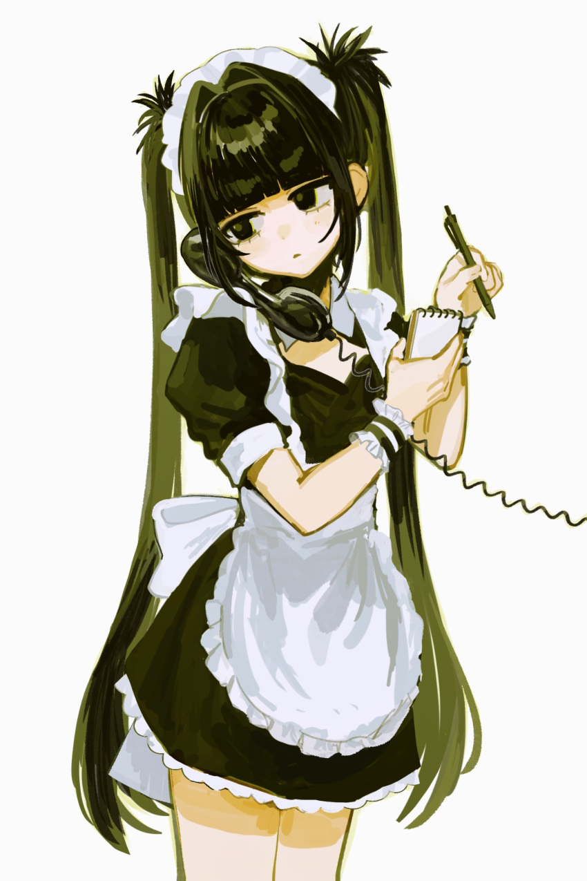 apron back_bow black_dress black_eyes black_hair black_wrist_cuffs bow cleavage_cutout closed_mouth clothing_cutout coiled_cord corded_phone cowboy_shot cradling_phone dress female food frilled_apron frilled_wrist_cuffs frills fruit hair_intakes hands_up head_tilt highres holding holding_food holding_fruit holding_notepad iwonu long_hair maid maid_headdress no_humans notepad original phone puffy_short_sleeves puffy_sleeves short_sleeves simple_background solo standing talking_on_phone very_long_hair white_apron white_background wrist_cuffs