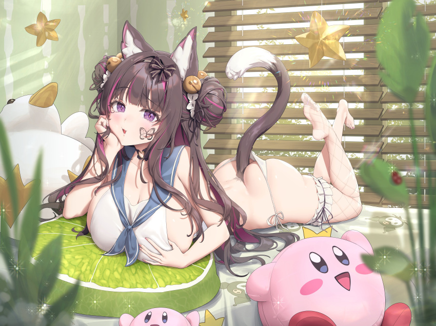 absurdres animal_ears ass breasts bridal_garter brown_hair cat_ears cat_girl cat_tail female fishnet_thighhighs fishnets hair_ornament highres huge_breasts indoors kirby kirby_(series) long_hair looking_at_viewer lying muloli multicolored_hair on_stomach original panties pink_hair purple_eyes side-tie_panties solo star_(symbol) streaked_hair stuffed_toy tail thighhighs underwear white_panties window