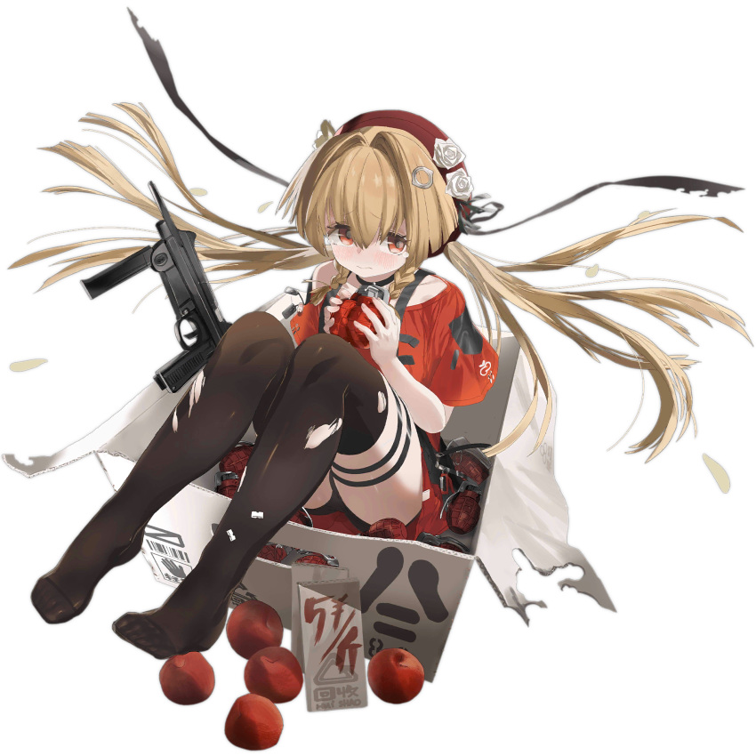 apple apple_slice apron black_apron black_choker black_ribbon black_thighhighs blush box braid cardboard_box choker closed_mouth dog_tags explosive feet female flower food fruit full_body furrowed_brow girls'_frontline grenade hair_between_eyes hair_intakes hair_ornament hat hat_flower hat_ribbon highres holding holding_grenade in_box in_container knees_up light_brown_hair light_frown long_hair looking_at_viewer low_twin_braids mk2_grenade no_shoes official_art pandegg pm-63_rak red_eyes red_hat red_shirt ribbon rose shirt short_sleeves sign simple_background sitting solo tears thighhighs third-party_source toes torn_clothes torn_thighhighs transparent_background twin_braids twintails type_82_(girls'_frontline) white_flower white_rose