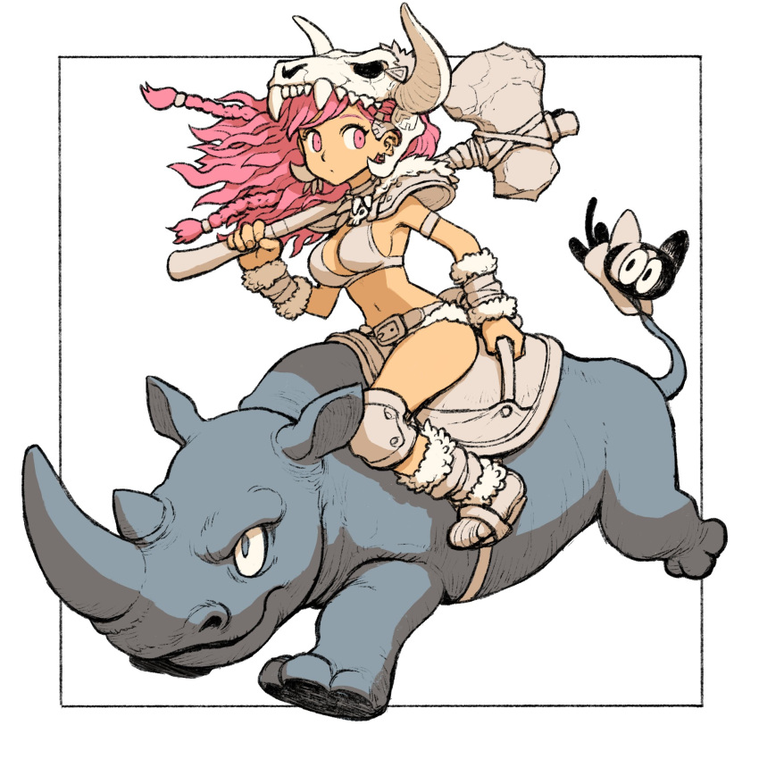 animal animal_skull armor axe bandages belt boots braid breasts cavewoman character_request cleavage copyright_request dattosan female fur-trimmed_boots fur_trim helmet highres holding holding_axe holding_weapon knee_pads long_hair pauldrons pink_eyes pink_hair rhinoceros riding riding_animal shoulder_armor simple_background stone_axe weapon white_background wrist_wrap