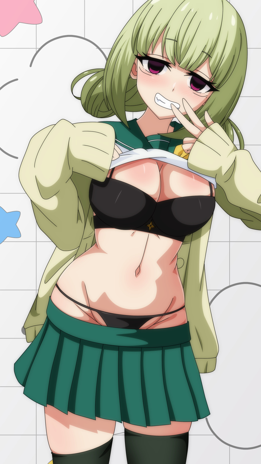 absurdres araga_kiwi black_bra black_panties black_thighhighs blush bra breasts cleavage clothes_lift clothes_pull double_bun eyebrows_hidden_by_hair female full-face_blush green_hair green_skirt green_sweater groin hair_bun highres large_breasts lifting_own_clothes looking_at_viewer mahou_shoujo_ni_akogarete navel open_mouth otozato_yomi panties pulling_own_clothes red_eyes school_uniform shirt shirt_lift skirt skirt_pull smile smirk solo stomach sweater teeth thighhighs underwear v white_shirt