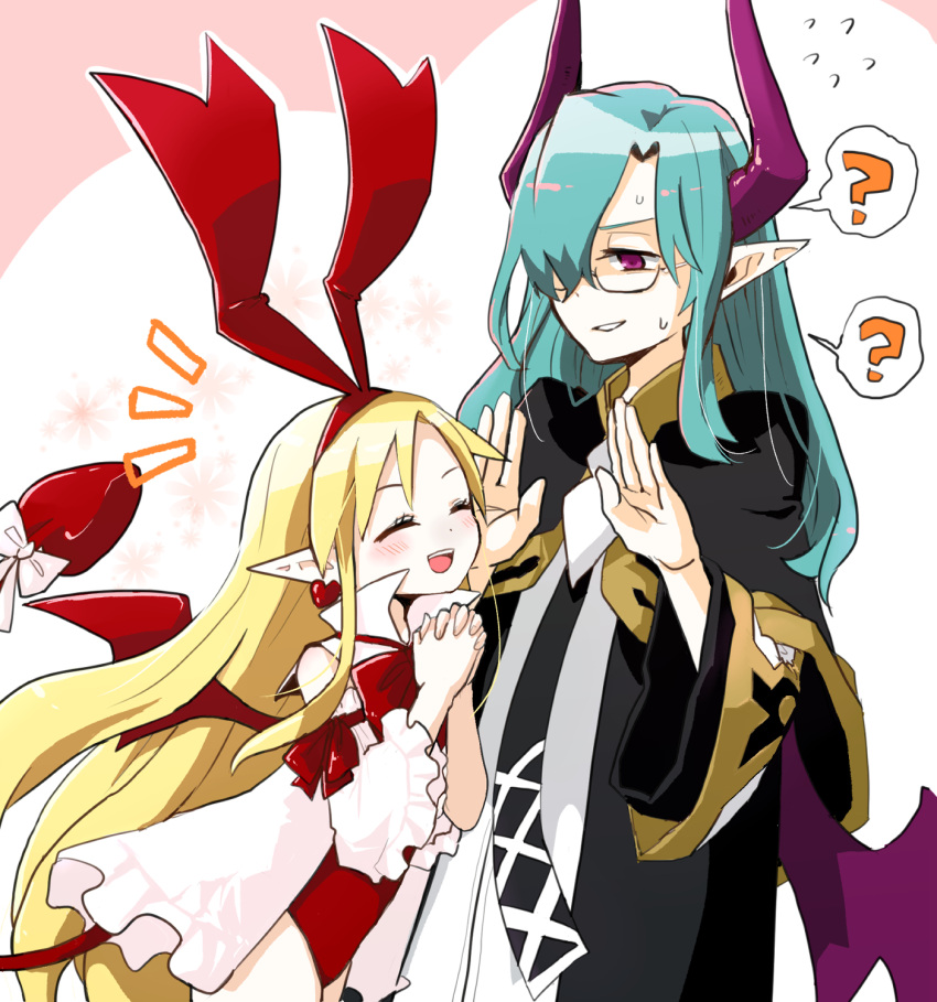 1boy :d ? blonde_hair bow christo_(disgaea) closed_eyes commentary_request demon_boy demon_girl demon_tail demon_wings disgaea earrings female flonne flonne_(fallen_angel) flying_sweatdrops glasses green_hair hair_over_one_eye hairband hands_up hanimitsu_(bisko) heart heart_earrings highres horns jacket jewelry leotard long_hair looking_at_viewer makai_senki_disgaea_5 nervous_smile open_mouth own_hands_clasped own_hands_together pink_bow pointy_ears purple_eyes purple_horns purple_wings red_hairband red_leotard red_wings simple_background smile spoken_question_mark sweat tail tail_bow tail_ornament wings